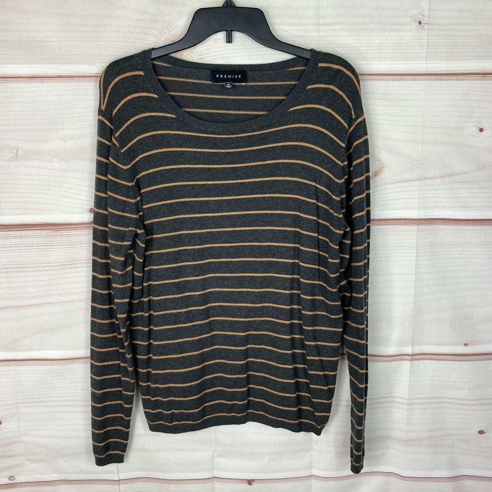 Premise Sweater Womens XL Beige Gray Stripe Scoop Neck Pullover Long Sleeve